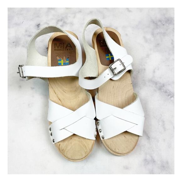 MIA Gertrude White Leather Cross Strap Peep Toe Clog Sandals Wood Heel Sz 39 - Picture 3 of 10